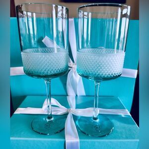 RARE New Blue Diamond Point Glass Wine Set, NOT FLUTES